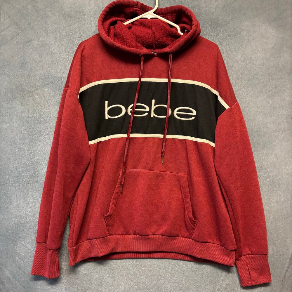 BEBE Sport Pullover Hoodie Y2K Center Logo Embroidered Preppy Sweatshirt Jumper
